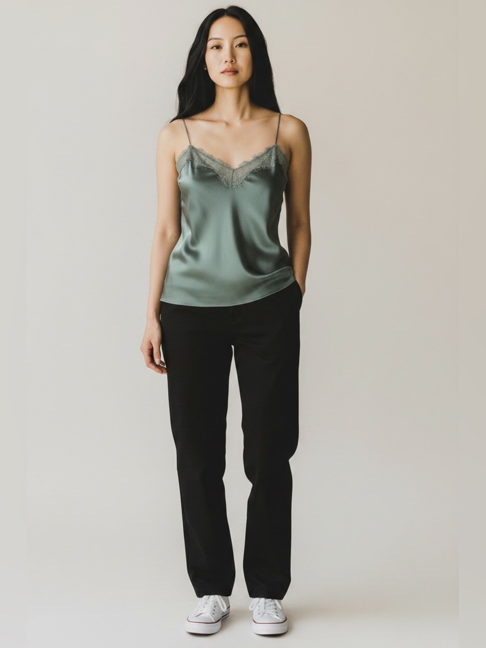 Nine West Olive Green Satin Lace Trim Camisole